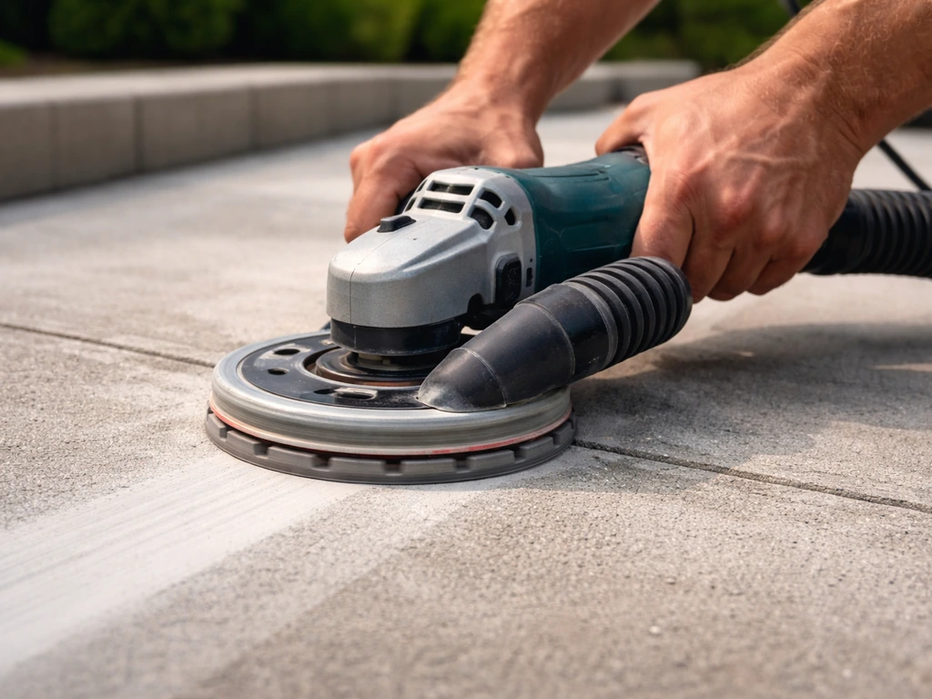 Angle grinder with diamond wheel grinding a patio surface using a dust shroud and hose for control.