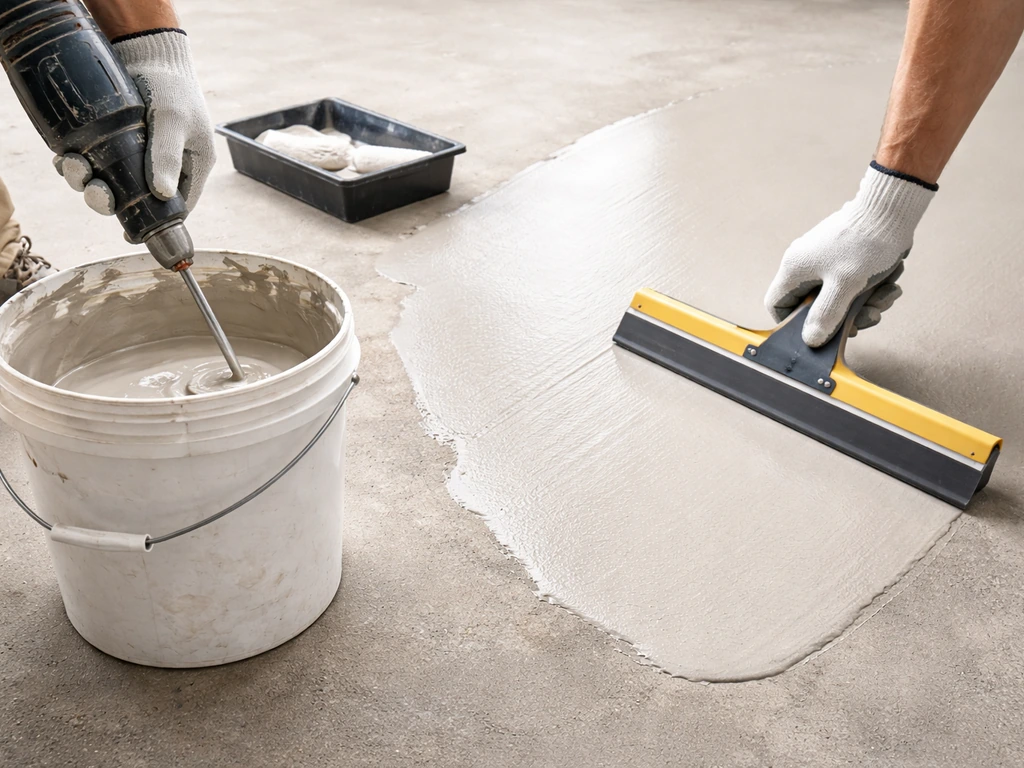 Gloved hands mixing resurfacer with a drill and spreading it on a concrete slab with a rubber squeegee.