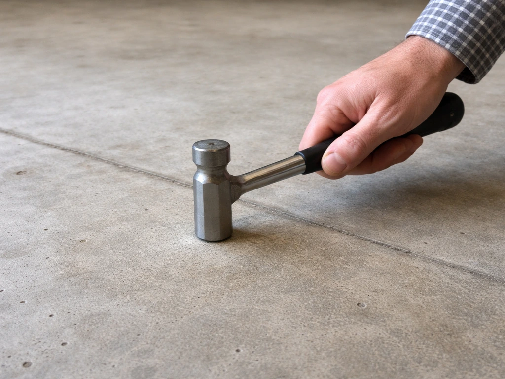 Anonymous inspector taps a textured concrete slab with a steel hammer in a simple garage setting.