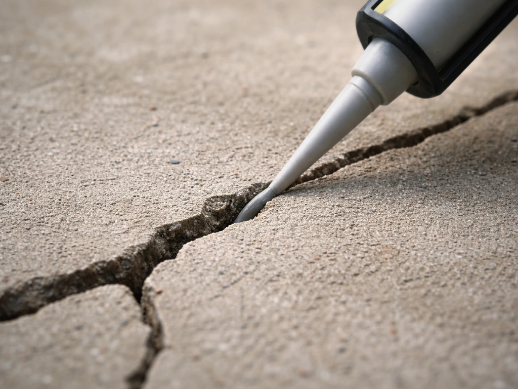 Caulking gun dispensing epoxy crack filler into a concrete crack with close-up detail