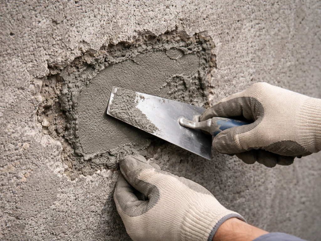 Gloved hands trowel concrete repair mortar into a spalled, pitted spot on a concrete wall.