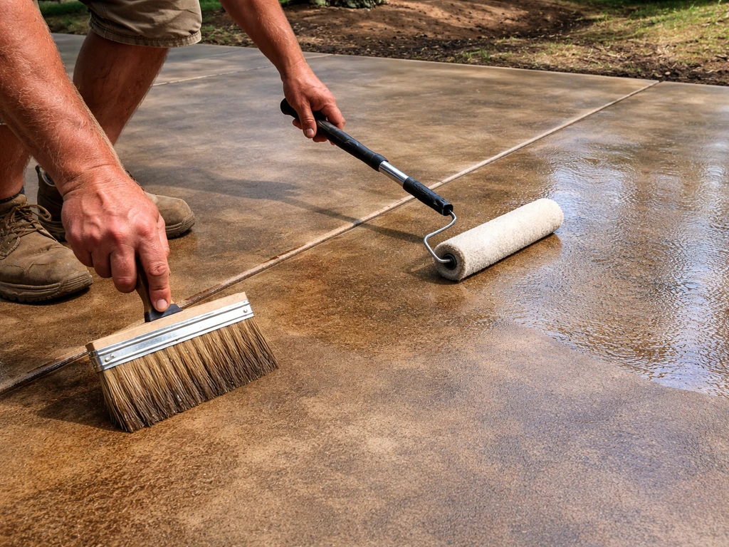 Worker using brush and roller to apply concrete stain and clear sealer on a finished patio