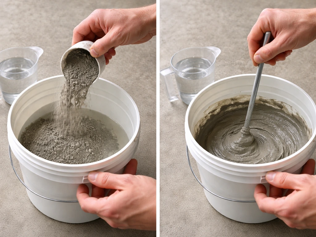 Dry repair material poured into a water-filled bucket, hands mixing to a smooth uniform paste.