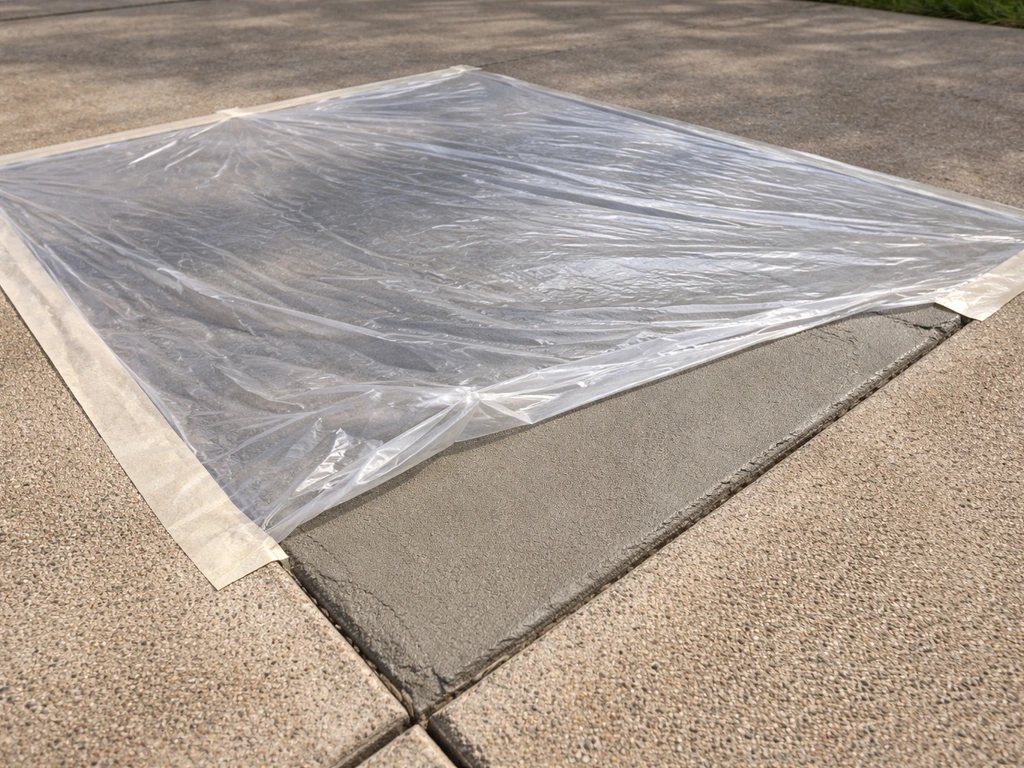Repaired patio patch covered with clear plastic curing sheet, neatly sealed and blended into surrounding texture.