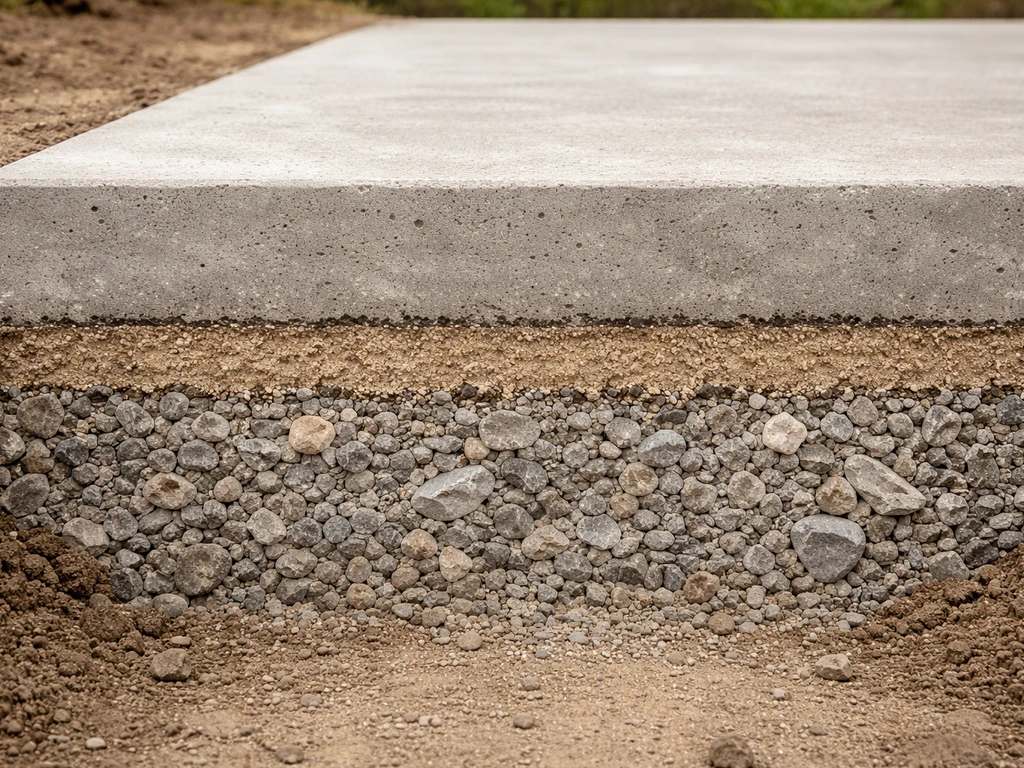 Close-up cross-section showing compacted gravel base, 4-inch concrete slab, and drainage grade layer beneath.