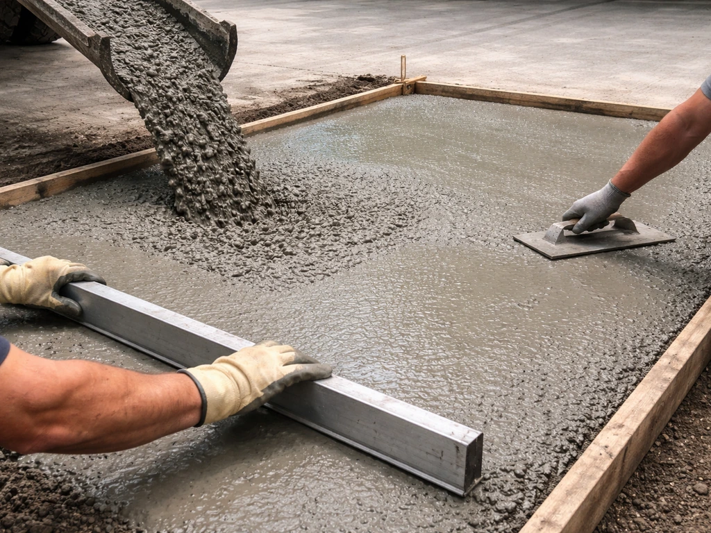Workers pour ready-mix concrete into a patio form, then screed and begin smoothing the surface.