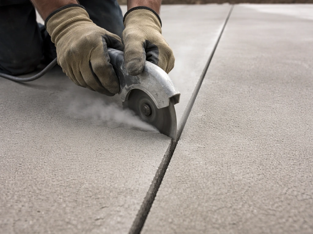 Close-up of a concrete saw cutting a straight control joint line in a slab for crack control.