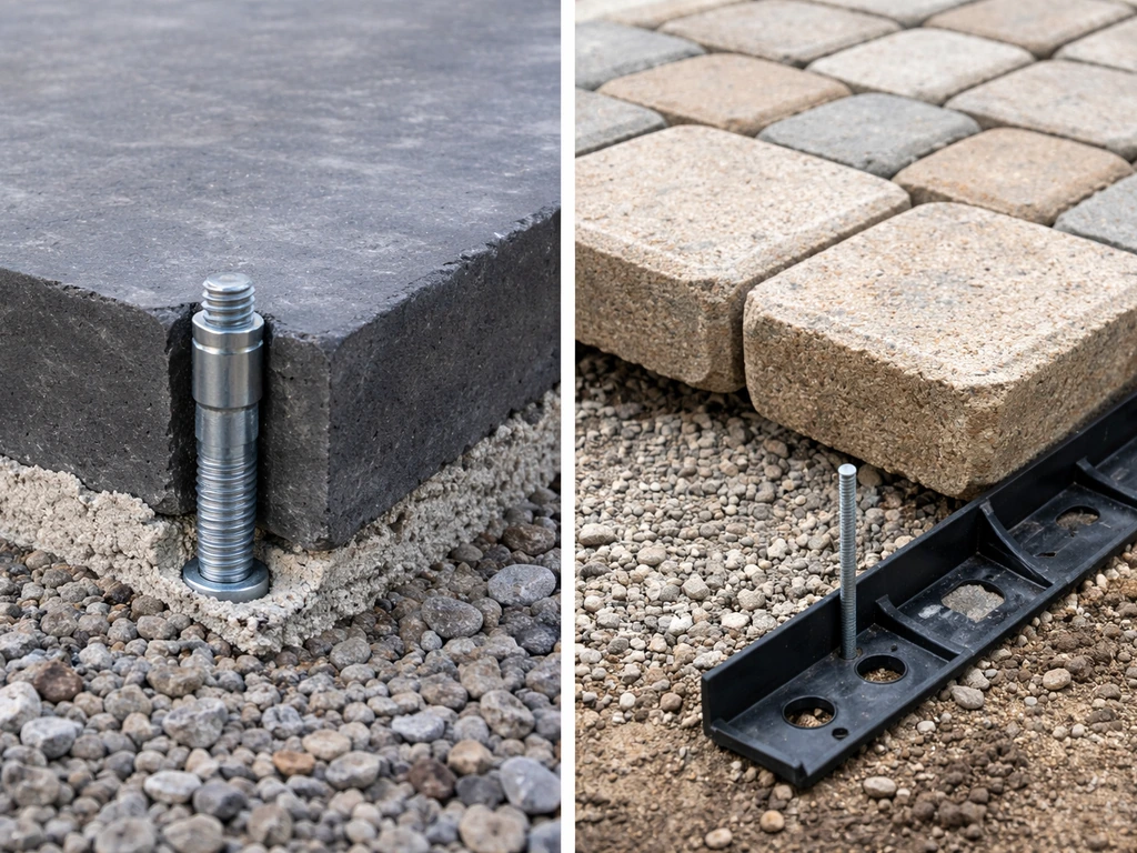Split view of concrete anchor bolts and paver patio edge with compatible fastening, showing two connection methods