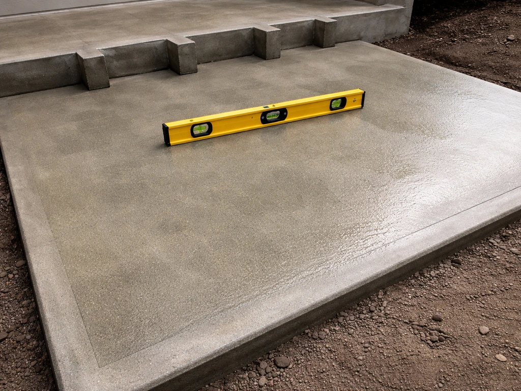 Close-up of a cleaned concrete patio landing with a level tool showing a slight drainage slope away from a house.