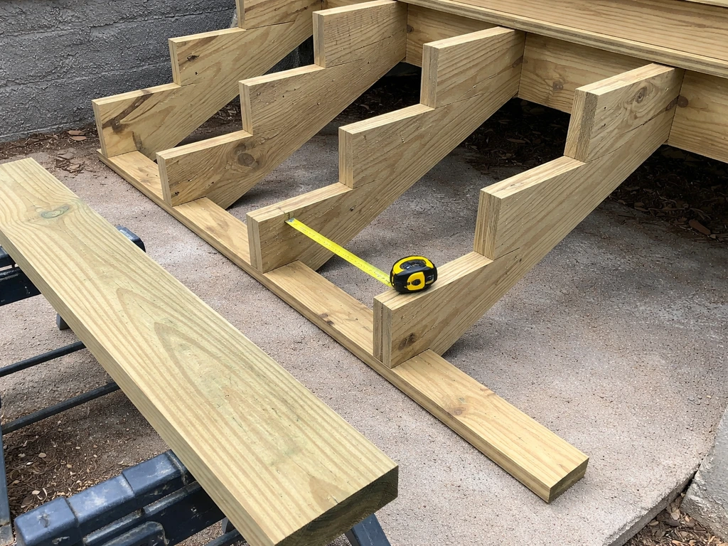 Unfinished stair frame showing multiple wood stringers spaced about 9 inches with a tape measure nearby.