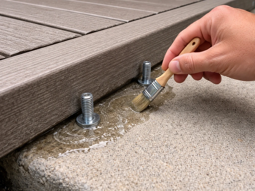 Clear concrete sealer brushed around metal anchor points at a patio step interface to prevent water intrusion.