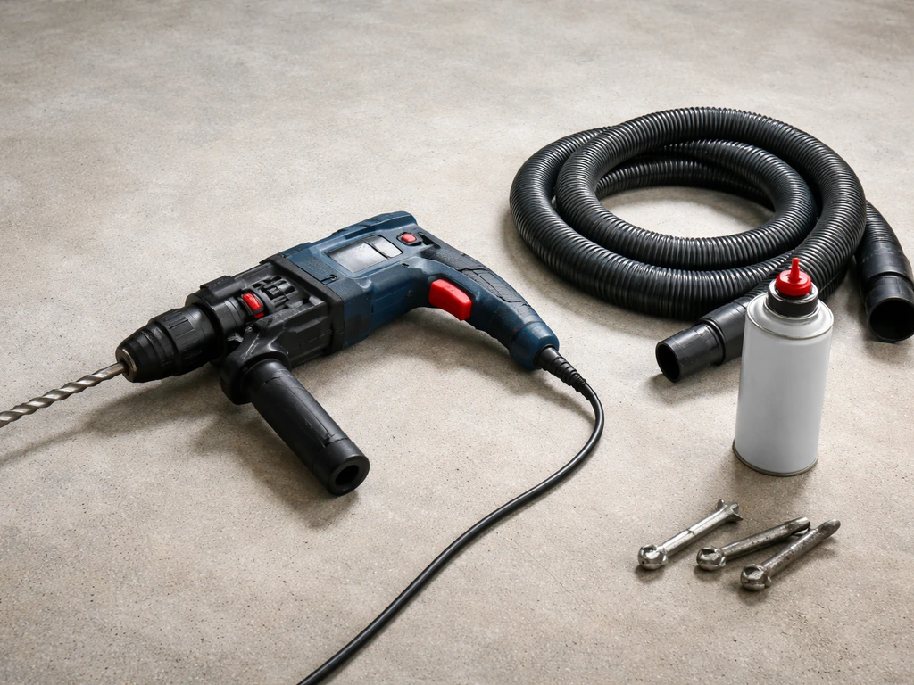 Rotary hammer drill with SDS bit beside vacuum hose and compressed air can near concrete anchors