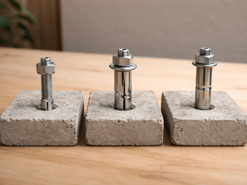 Three side-by-side concrete slab samples showing wedge, expansion clip, and sleeve-style pergola anchors.