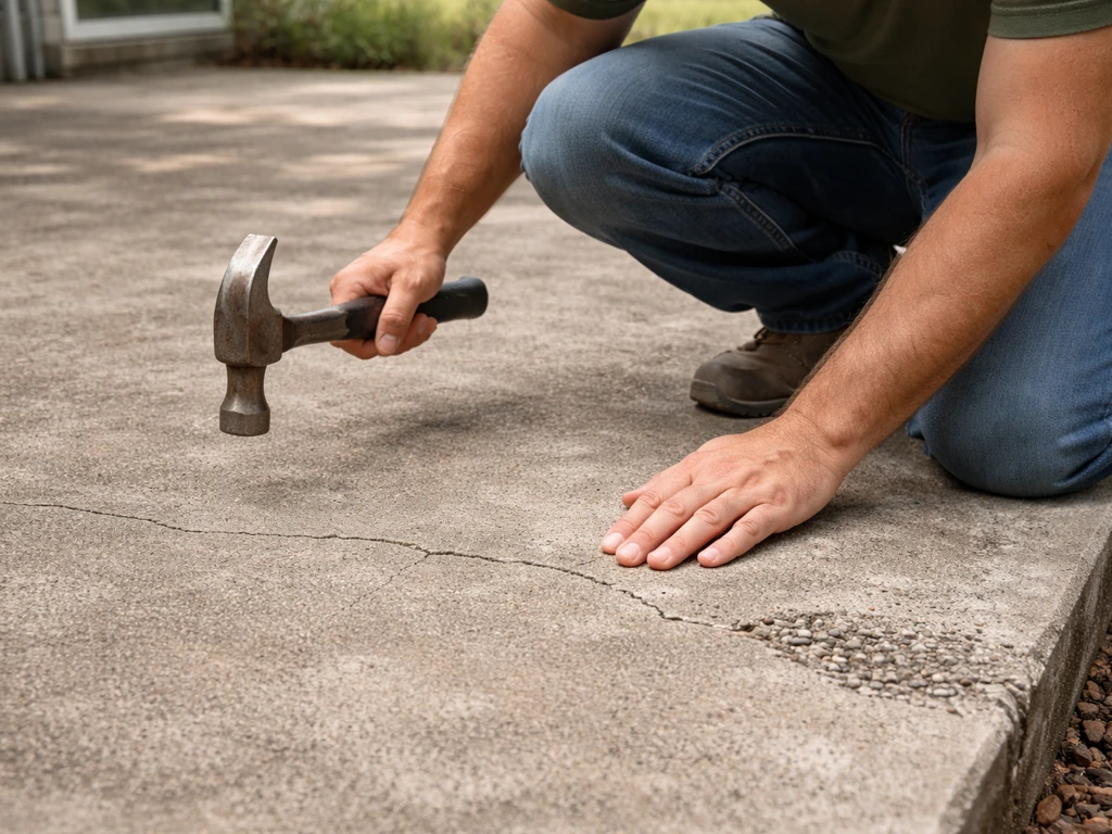 Person crouches beside a concrete patio slab, tapping it with a hammer to check for hollow spots.