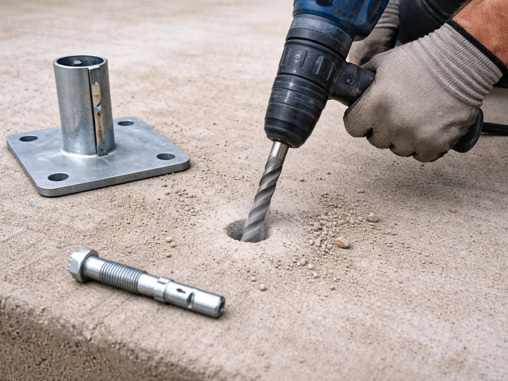Rotary hammer drilling a concrete hole while a post base anchor waits to be seated.
