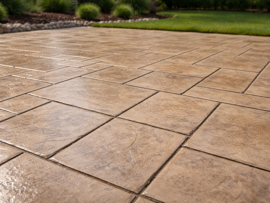 Stamped concrete patio restored with fresh color and clear sealer, showing renewed texture and a clean sheen.