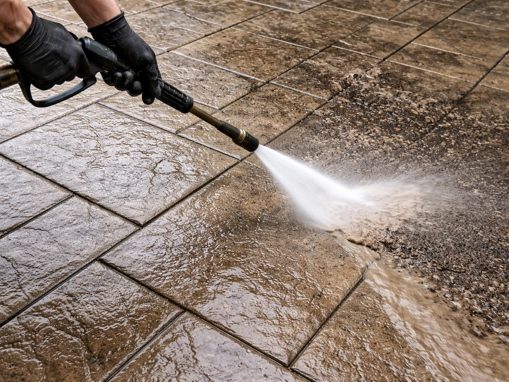 Close view of pressure-washing stamped concrete patio, grime and old sealer lifting from textured surface.