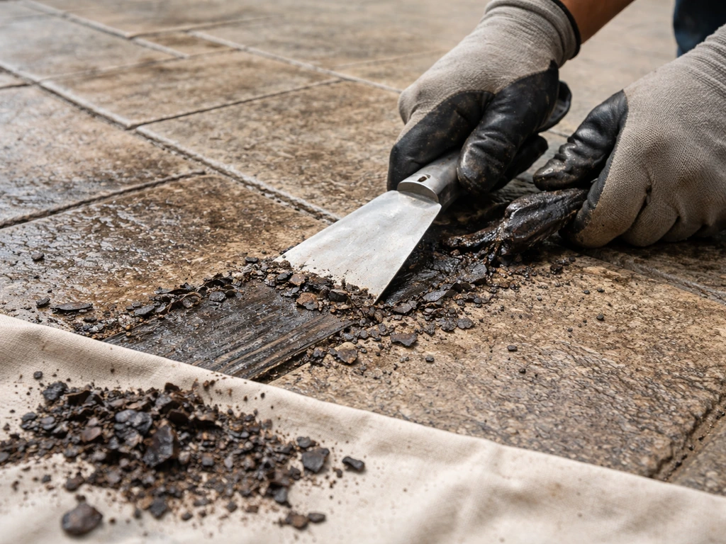 Close-up of a scraper being used to remove old sealer residue from a stamped surface, with debris on a tarp.