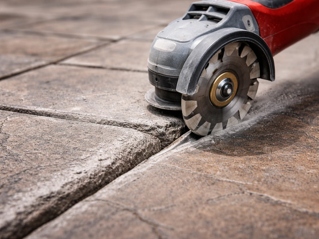 Handheld angle grinder opening a V-groove in stamped concrete beside a newly filled crack patch.