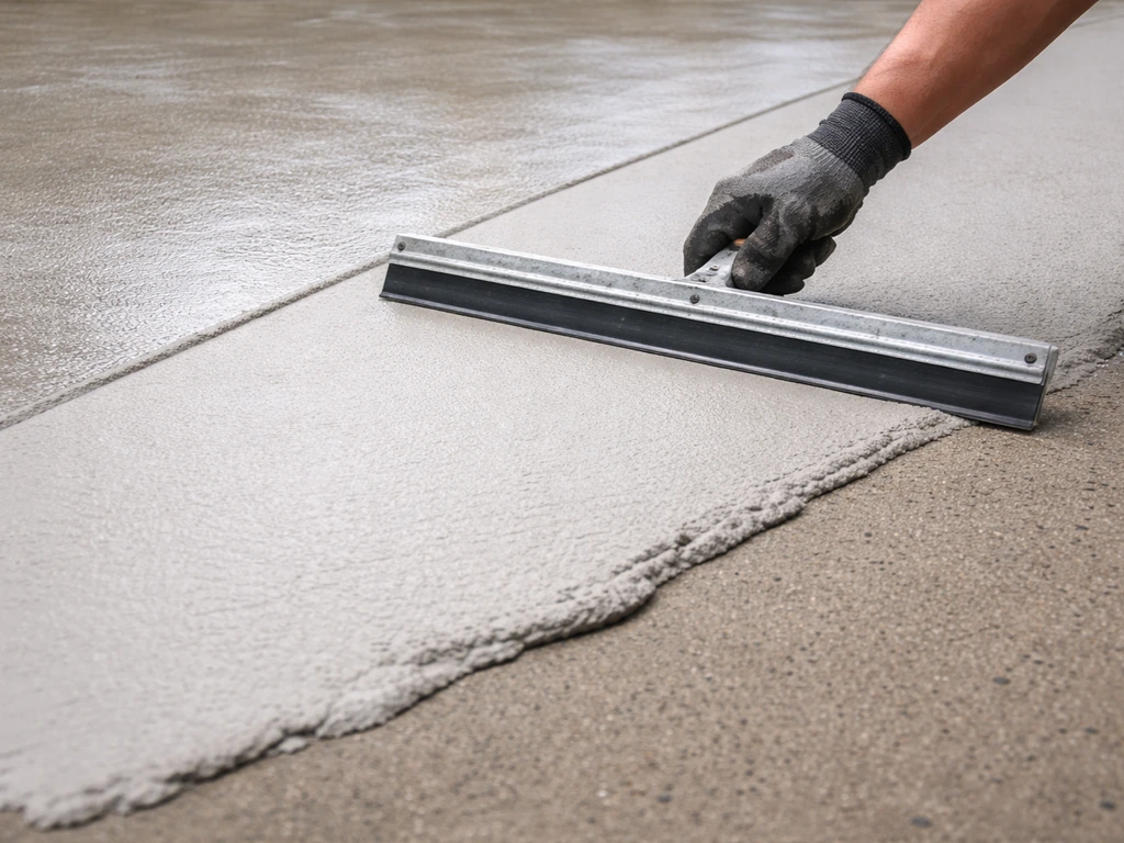 A concrete surface after primer, with fresh stampable overlay spread smoothly using a squeegee