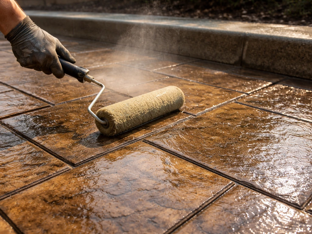 Gloved hands roller-applying glossy sealer over stamped concrete, with stamp texture visible.