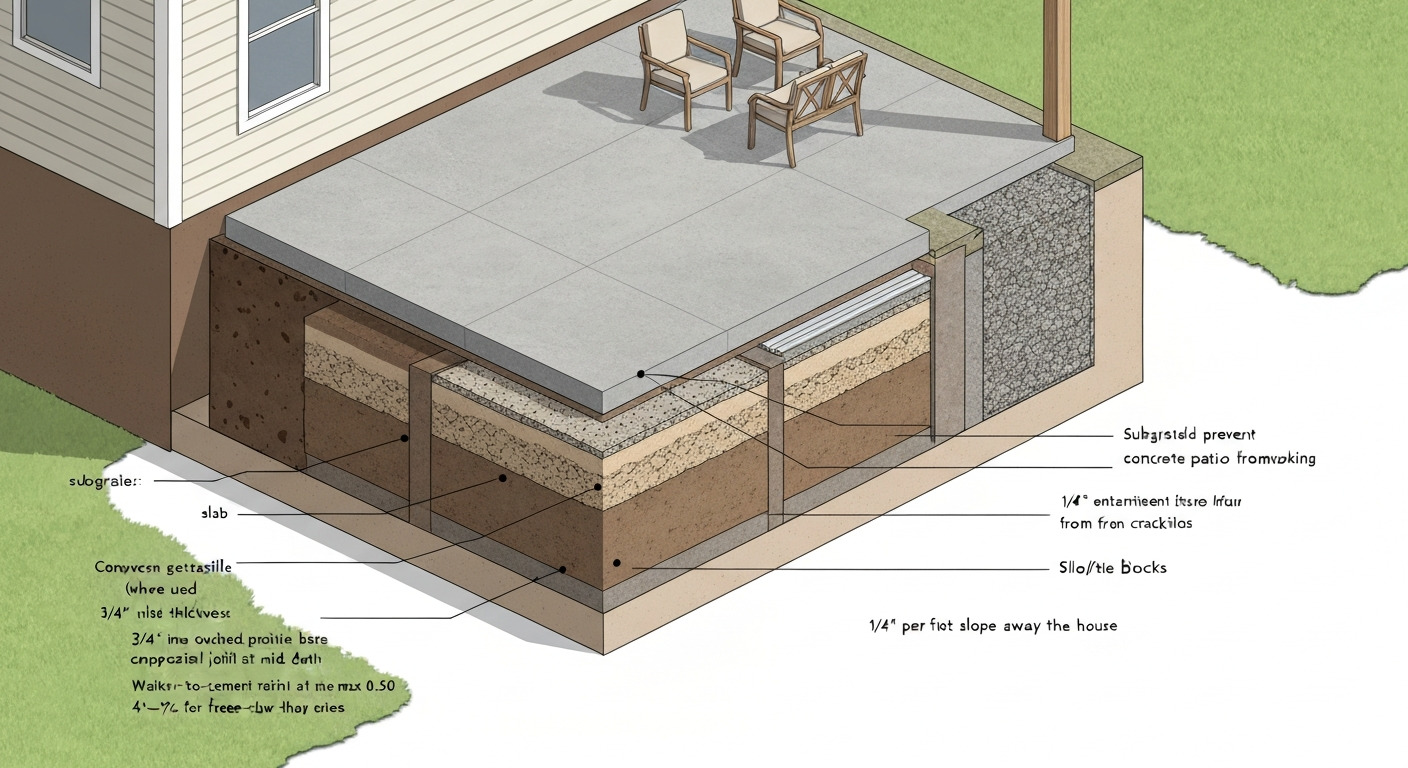 Isometric cutaway infographic of a correctly built concrete patio showing labeled layers, slope, control joints, and reinforcement.