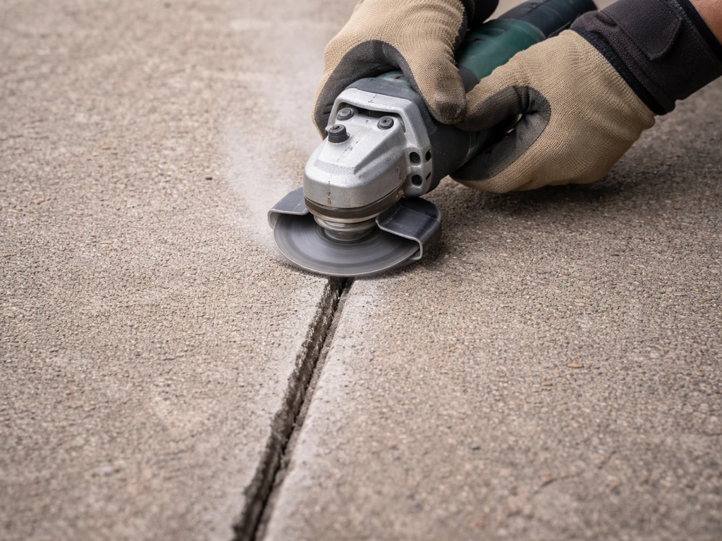 Handheld angle grinder undercutting a concrete crack, with dust and a cleaned channel ready for patching.