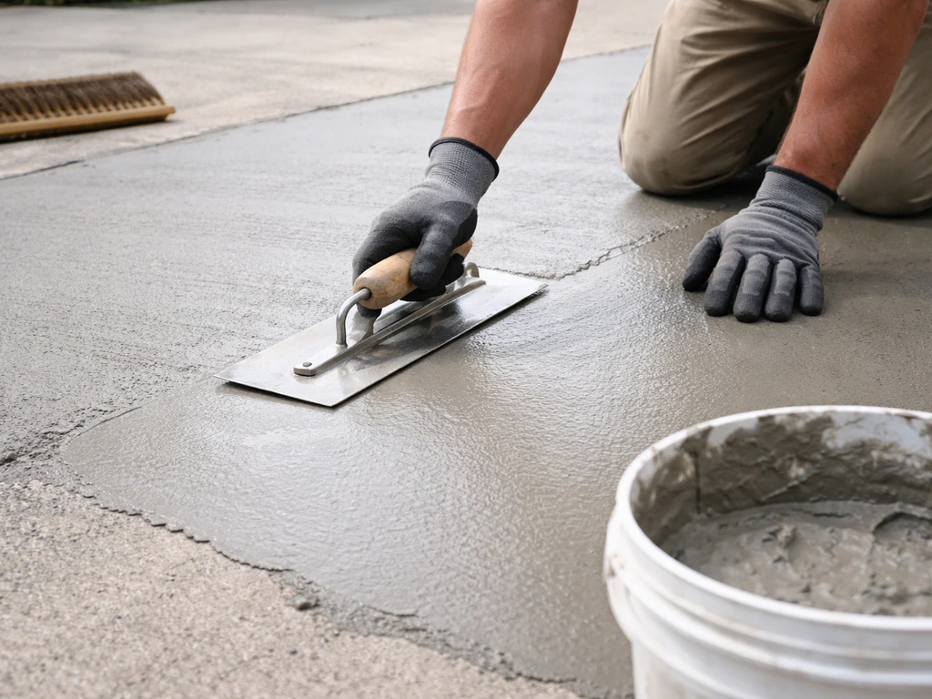 Worker hand-troweling freshly mixed concrete resurfacer on a smooth patio surface