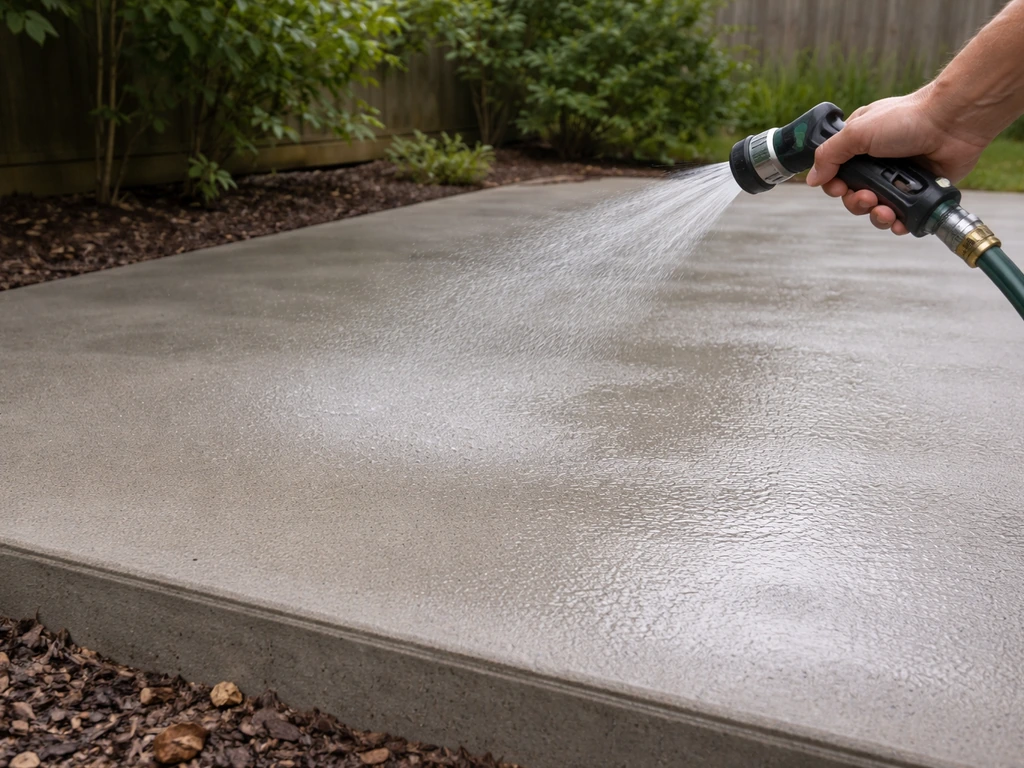 Low-angle view of a patio surface being lightly misted to cure, with a sealer sheen from a hose sprayer.