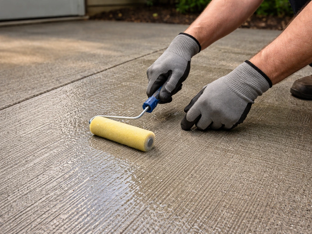 Gloved DIY hands rolling an anti-slip treatment onto textured concrete patio for better traction