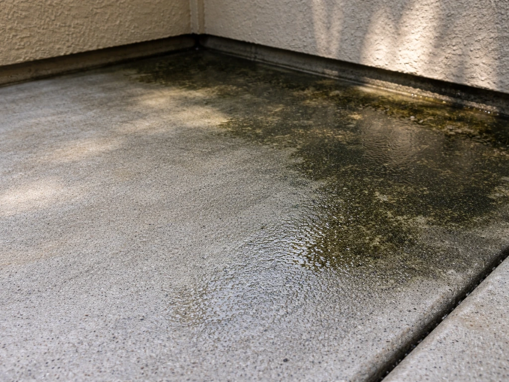 Shaded damp concrete patio with green/black slick algae and mildew patches.