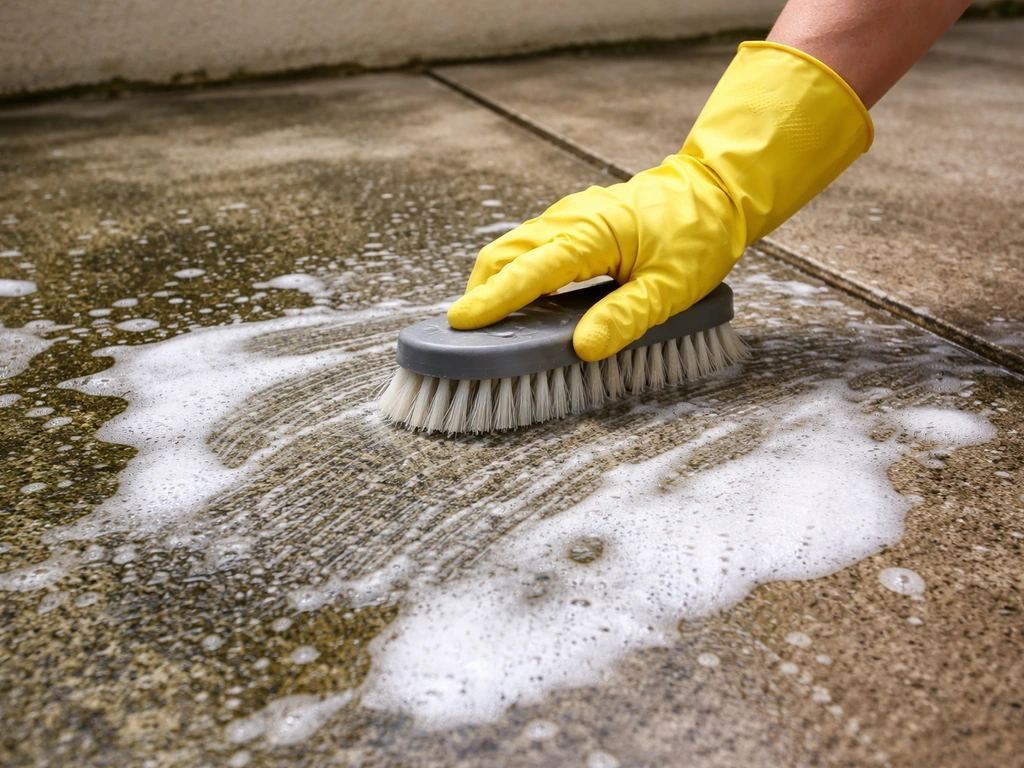 Gloved hand scrubbing a stained concrete patio where cleaner foam is loosening algae and mildew.
