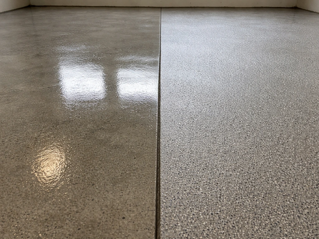 Two adjacent concrete sections: glossy slippery sealer on one side and textured matte traction sealer on the other.