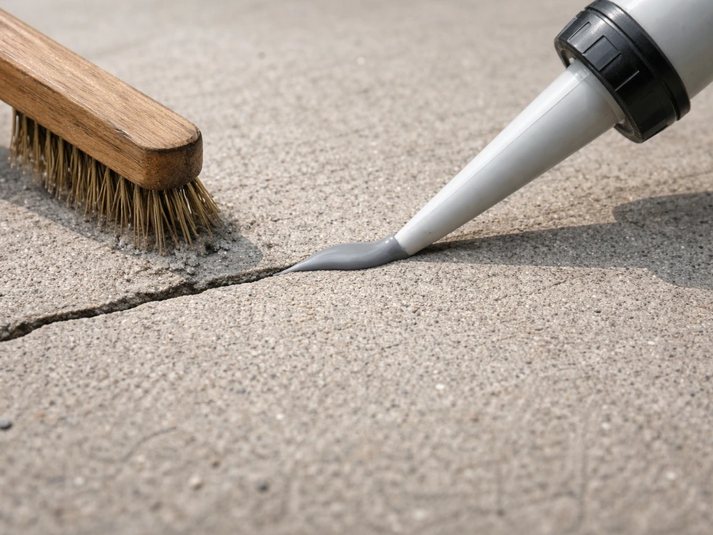 Close-up of a hairline concrete crack being brushed clean and filled with polyurethane caulk