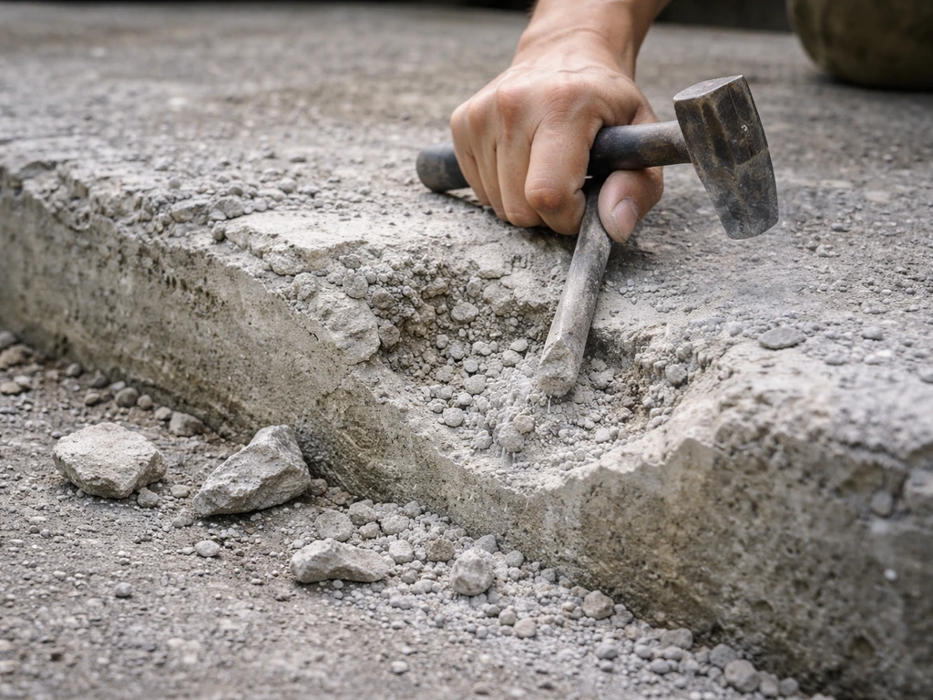 Worker using hammer and chisel to remove spalled concrete, revealing sound surface underneath.