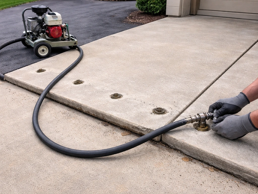 Sunken concrete patio section with visible injection ports and a pressure pump with hose for mudjacking.