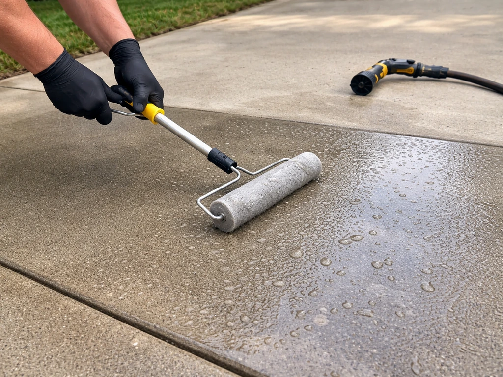 Worker applying clear penetrating concrete sealer; water beads on a sealed driveway surface.