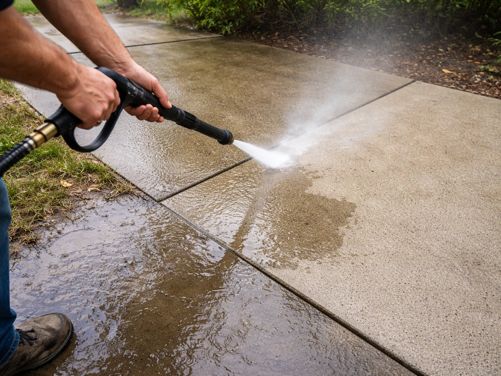 Pressure washer spraying a concrete patio surface to clean and degrease before coating