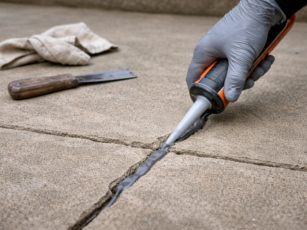 Worker’s gloved hand applying polyurethane concrete crack sealant into a narrow crack