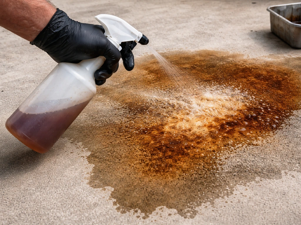 Gloved hand sprayers acid stain on bare concrete, showing a visible fizzing color reaction in a test patch.