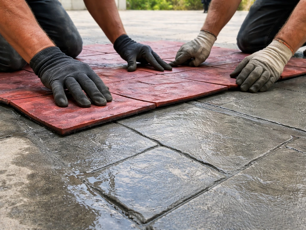 Anonymous gloved hands press a patterned mat into wet patio overlay, creating stone-like texture.