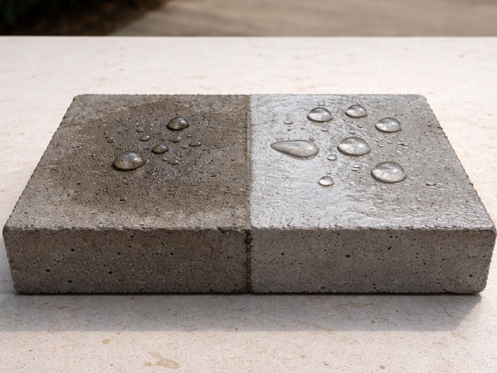 Two-part concrete slab showing penetrating matte finish vs glossy film-forming sheen with water beading.