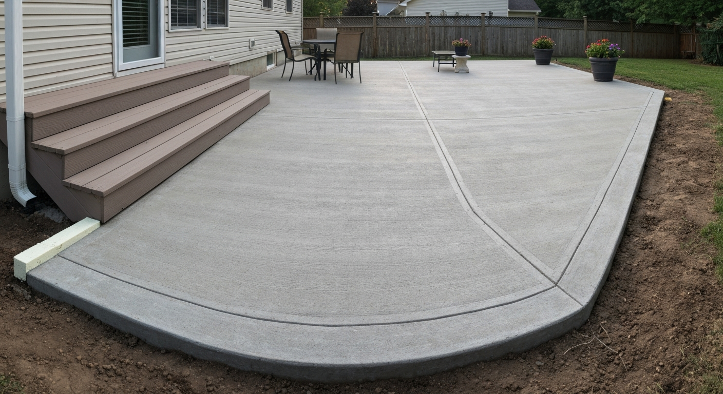 Finished concrete patio beside a house showing broom finish, slope away from foundation, isolation joint, and Trex composite stairs.