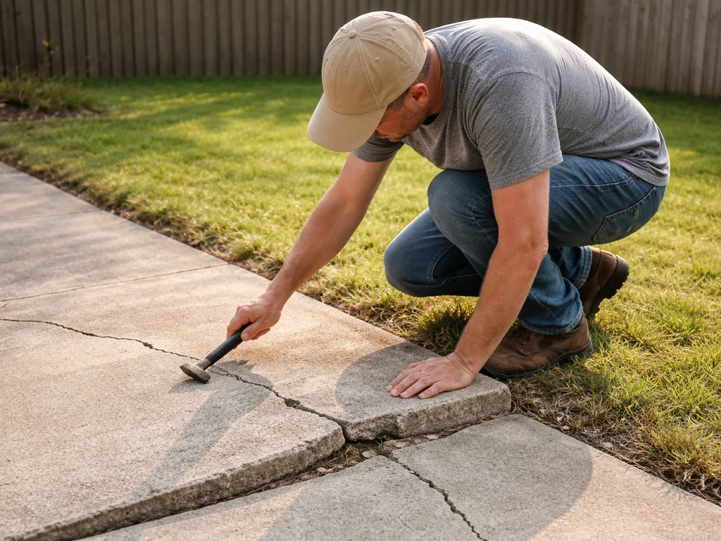 Anonymous homeowner tapping a cracked concrete patio to find hollow-sounding unsafe spots.