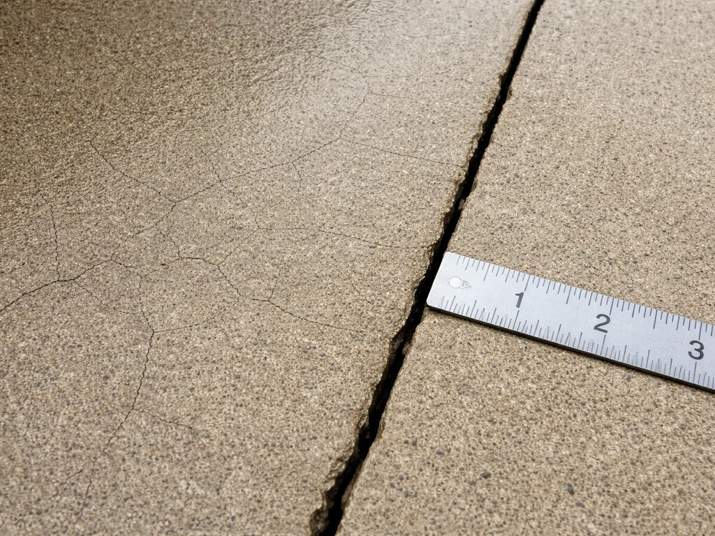Close-up of concrete patio with hairline and wider cracks, with a ruler as a measurement reference.