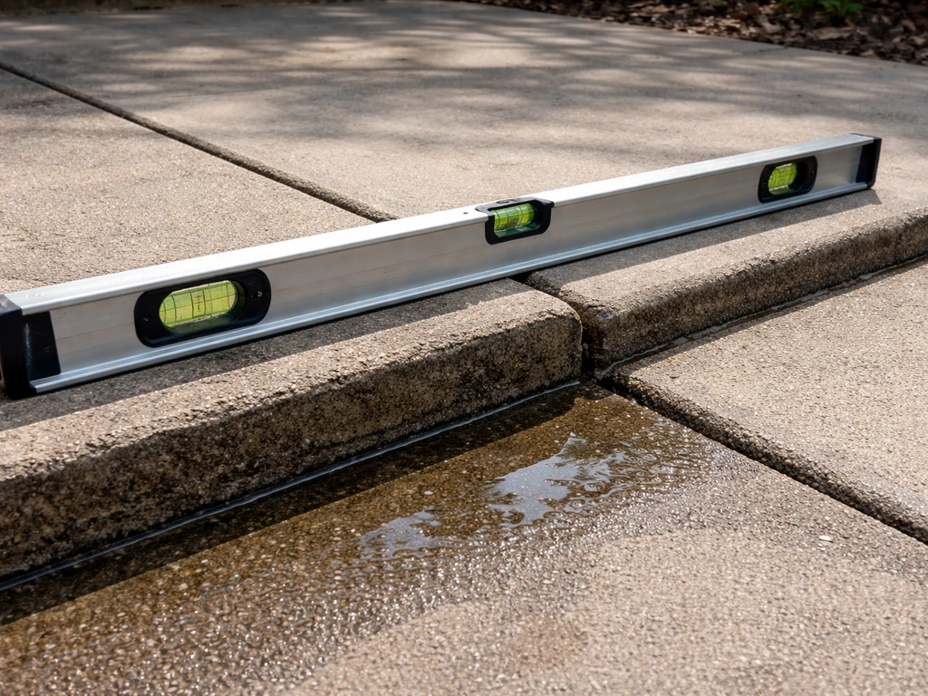 Long metal level spans a patio slab seam showing a sunken, pooled section and drop.