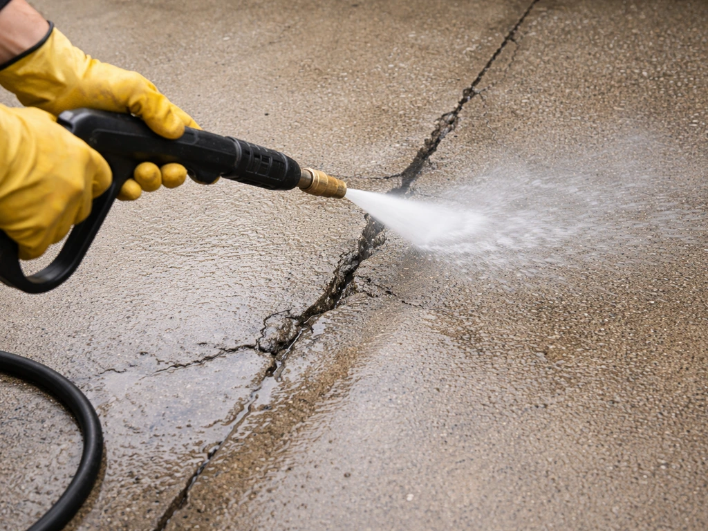 Worker rinses a small cracked concrete repair area with a pressure washer; surface is damp and ready for next treatment.