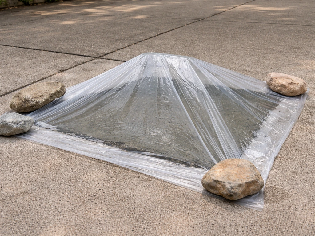 Concrete repair patch covered with tented clear plastic sheeting secured at the edges to cure.
