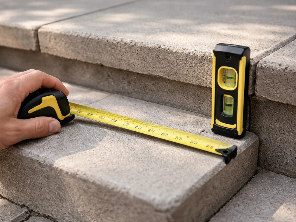 Close-up of a tape measure and carpenter’s level measuring stair tread depth and step rise on a patio.