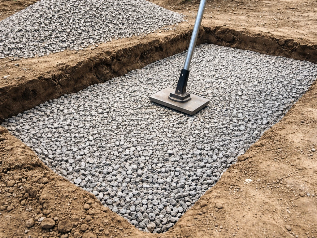 Excavated footprint filled with compactable gravel, leveled with a hand tamper, showing soil edges.